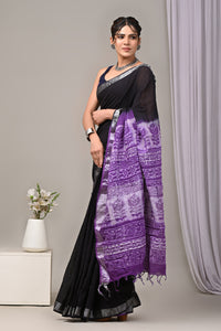 Hand Block Printed Linen Saree With Unstitched Blouse