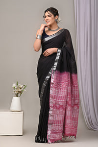 Hand Block Printed Linen Saree With Unstitched Blouse