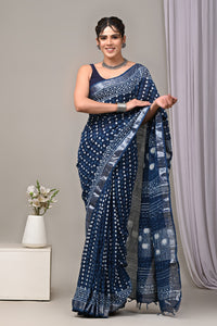 Hand Block Printed Linen Saree With Unstitched Blouse