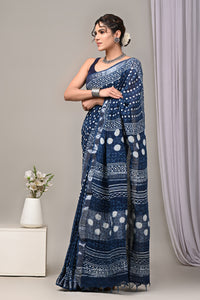 Hand Block Printed Linen Saree With Unstitched Blouse