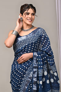 Hand Block Printed Linen Saree With Unstitched Blouse