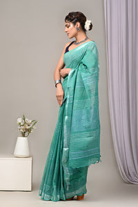 Hand Block Printed Linen Saree With Unstitched Blouse