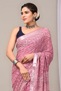 Hand Block Printed Linen Saree With Unstitched Blouse