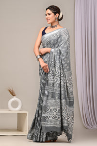 Hand Block Printed Linen Saree With Unstitched Blouse