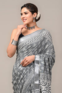 Hand Block Printed Linen Saree With Unstitched Blouse