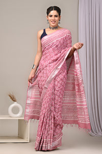 Hand Block Printed Linen Saree With Unstitched Blouse