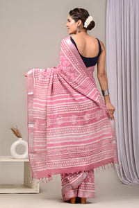 Hand Block Printed Linen Saree With Unstitched Blouse