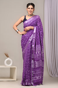 Hand Block Printed Linen Saree With Unstitched Blouse