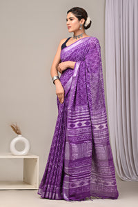 Hand Block Printed Linen Saree With Unstitched Blouse