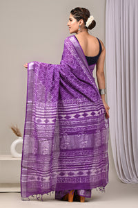 Hand Block Printed Linen Saree With Unstitched Blouse