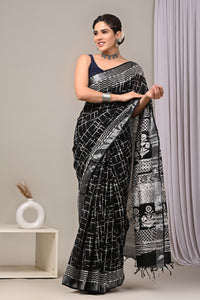 Hand Block Printed Linen Saree With Unstitched Blouse