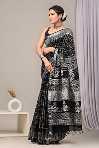 Hand Block Printed Linen Saree With Unstitched Blouse