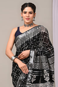 Hand Block Printed Linen Saree With Unstitched Blouse