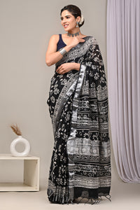 Hand Block Printed Linen Saree With Unstitched Blouse