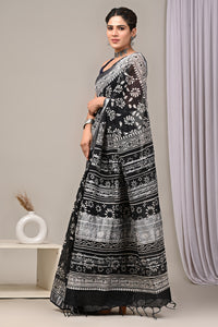 Hand Block Printed Linen Saree With Unstitched Blouse