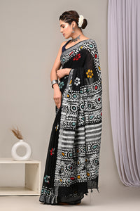 Hand Block Printed Linen Saree With Unstitched Blouse