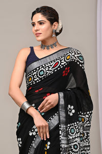 Hand Block Printed Linen Saree With Unstitched Blouse