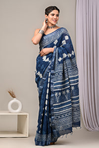 Hand Block Printed Linen Saree With Unstitched Blouse