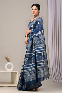 Hand Block Printed Linen Saree With Unstitched Blouse