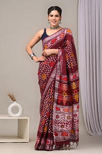 Hand Block Printed Linen Saree With Unstitched Blouse