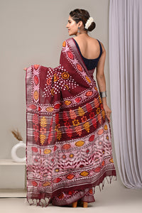 Hand Block Printed Linen Saree With Unstitched Blouse