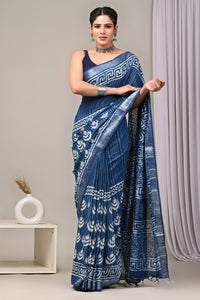 Hand Block Printed Linen Saree With Unstitched Blouse