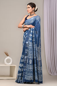 Hand Block Printed Linen Saree With Unstitched Blouse