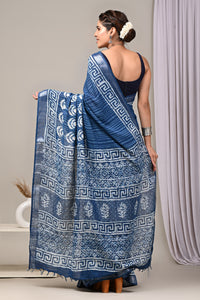 Hand Block Printed Linen Saree With Unstitched Blouse