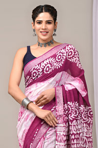 Hand Block Printed Linen Saree With Unstitched Blouse