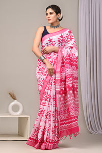 Hand Block Printed Linen Saree With Unstitched Blouse