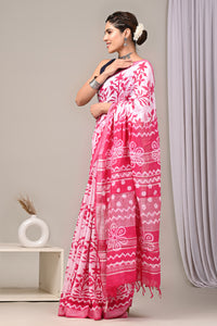 Hand Block Printed Linen Saree With Unstitched Blouse