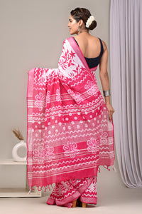 Hand Block Printed Linen Saree With Unstitched Blouse