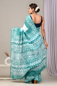 Hand Block Printed Linen Saree With Unstitched Blouse