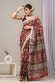 Hand Block Printed Linen Saree With Unstitched Blouse