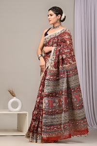 Hand Block Printed Linen Saree With Unstitched Blouse