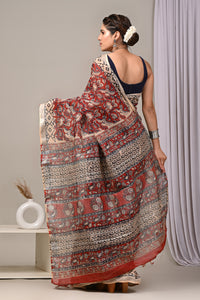 Hand Block Printed Linen Saree With Unstitched Blouse