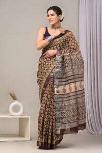 Hand Block Printed Linen Saree With Unstitched Blouse