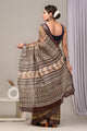 Hand Block Printed Linen Saree With Unstitched Blouse