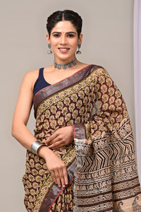 Hand Block Printed Linen Saree With Unstitched Blouse