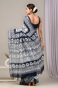 Hand Block Printed Linen Saree With Unstitched Blouse