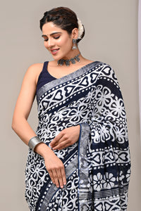 Hand Block Printed Linen Saree With Unstitched Blouse