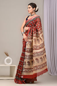 Hand Block Printed Linen Saree With Unstitched Blouse