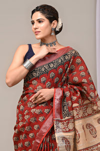 Hand Block Printed Linen Saree With Unstitched Blouse