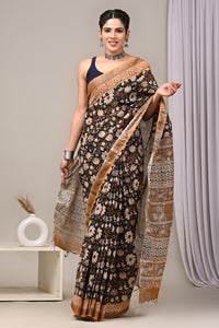 Hand Block Printed Linen Saree With Unstitched Blouse