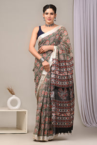 Hand Block Printed Linen Saree With Unstitched Blouse