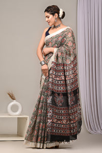 Hand Block Printed Linen Saree With Unstitched Blouse