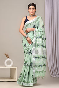 Hand Block Printed Linen Saree With Unstitched Blouse