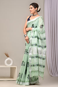 Hand Block Printed Linen Saree With Unstitched Blouse