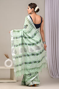 Hand Block Printed Linen Saree With Unstitched Blouse