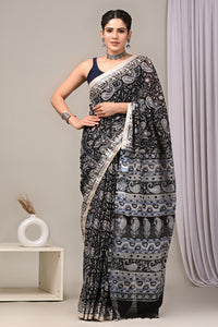 Hand Block Printed Linen Saree With Unstitched Blouse